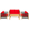 Acacia wood outdoor patio armchair with vibrant red cushion, designed for comfort and stylish relaxation in any setting.