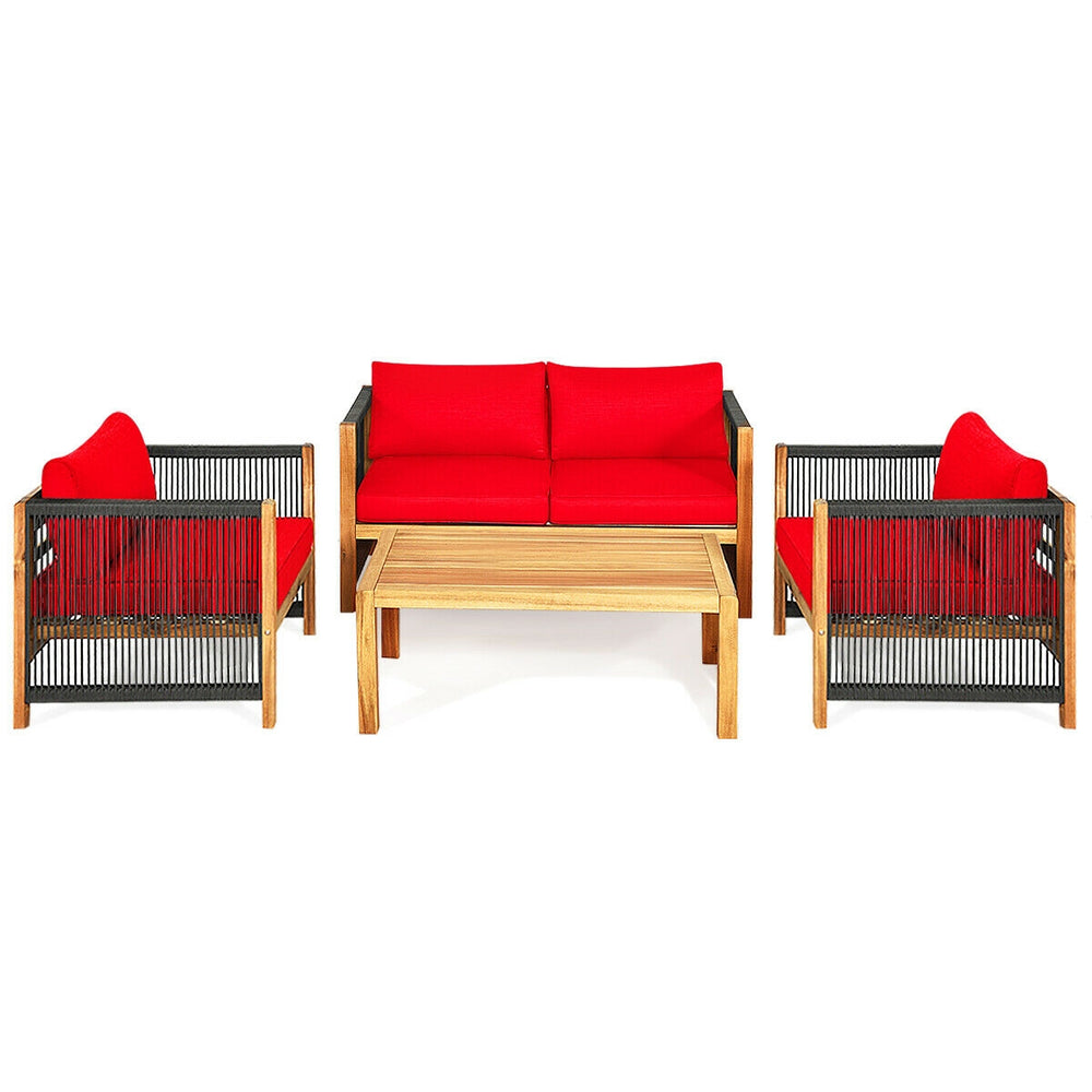 Acacia wood outdoor patio armchair with vibrant red cushion, designed for comfort and stylish relaxation in any setting.