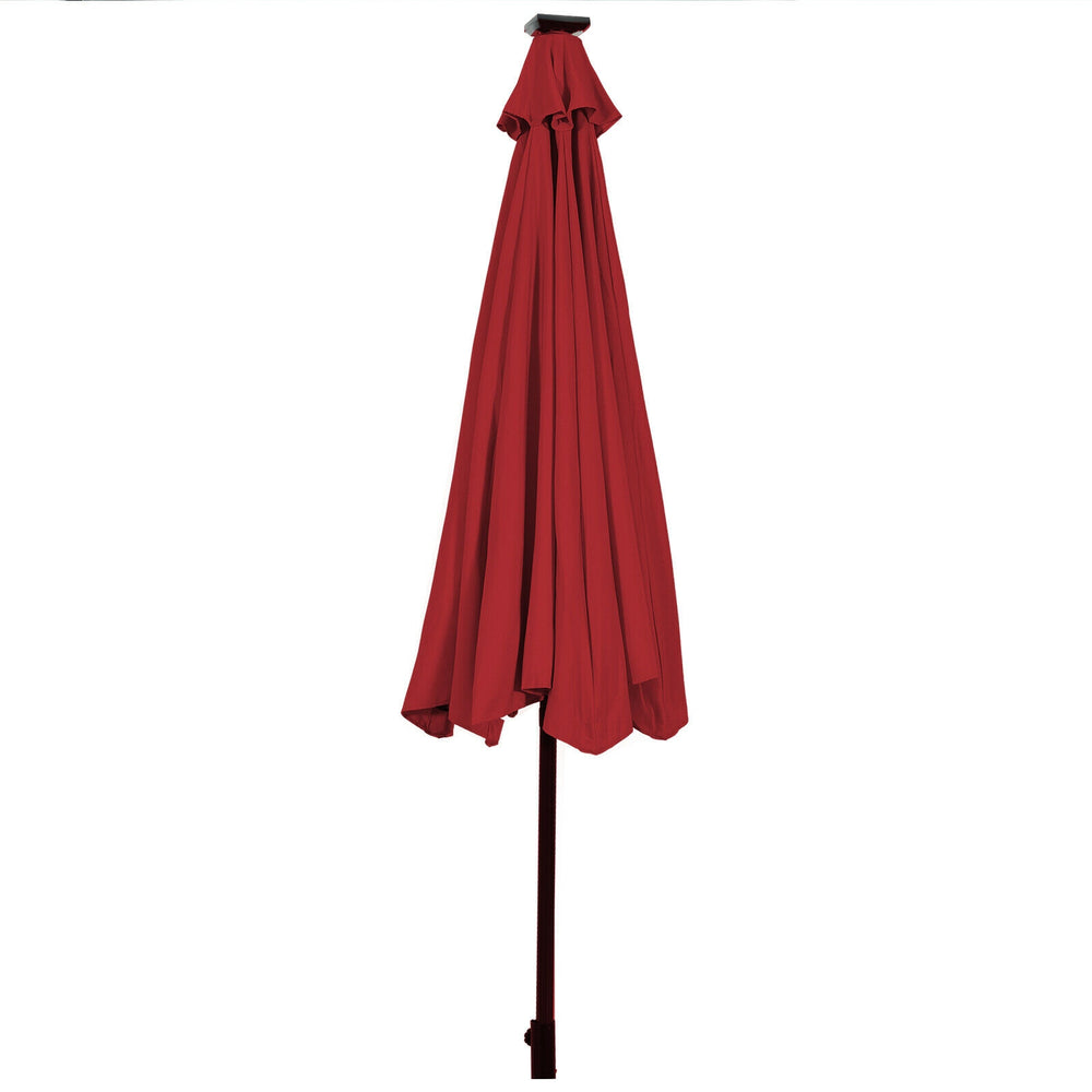 Dark red 10' patio umbrella with solar LED lights, featuring a tilt adjustment crank for versatile shading outdoors.