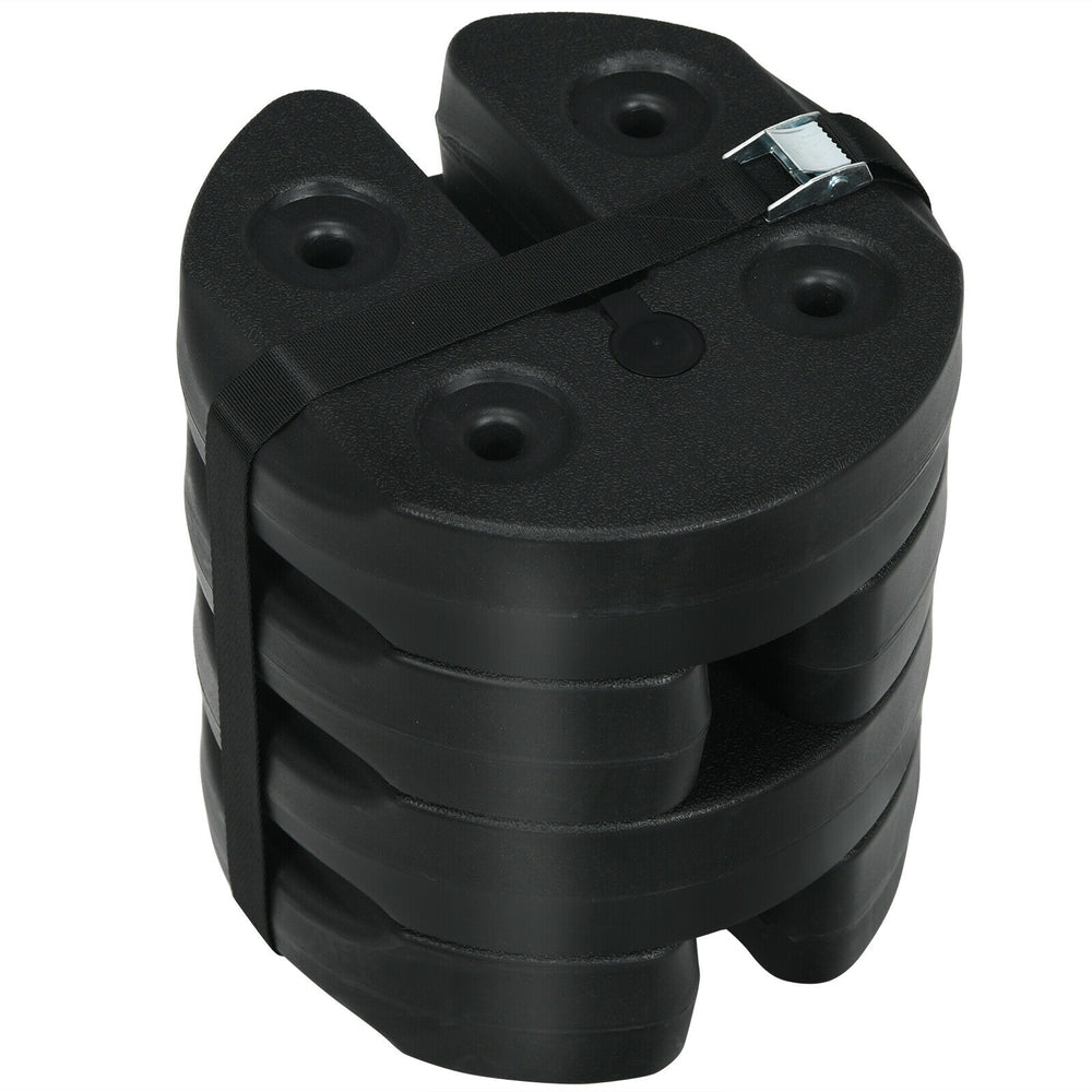 Stacked set of 4 canopy weights, 20lbs each, made of weather-resistant PE for secure outdoor use and easy transport.