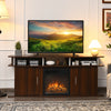 Walnut 63-inch TV entertainment console with 2 cabinets, open shelves, and removable shelf for electric fireplace.