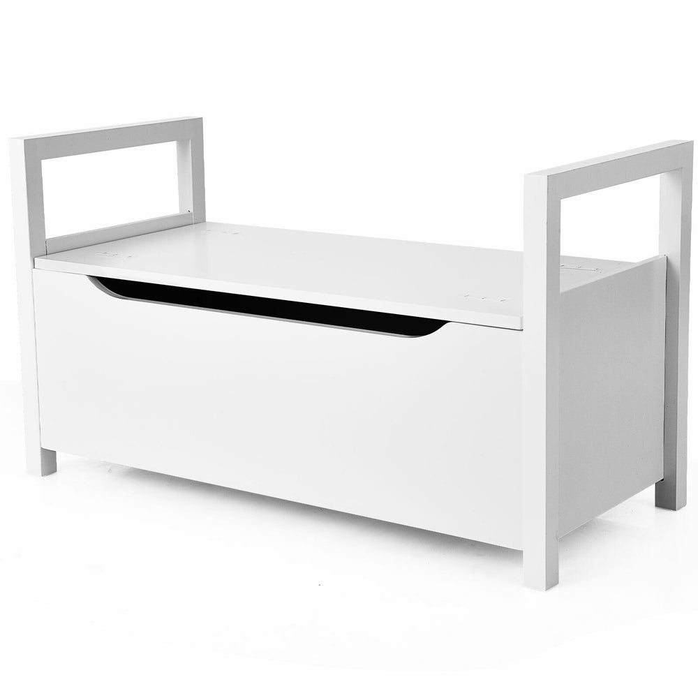Shoe storage bench from a side angle, featuring a white finish and a removable cushion for comfortable seating.