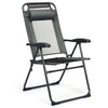Gray adjustable reclining folding chair with headrest, made of steel and oxford fabric, perfect for outdoor relaxation.