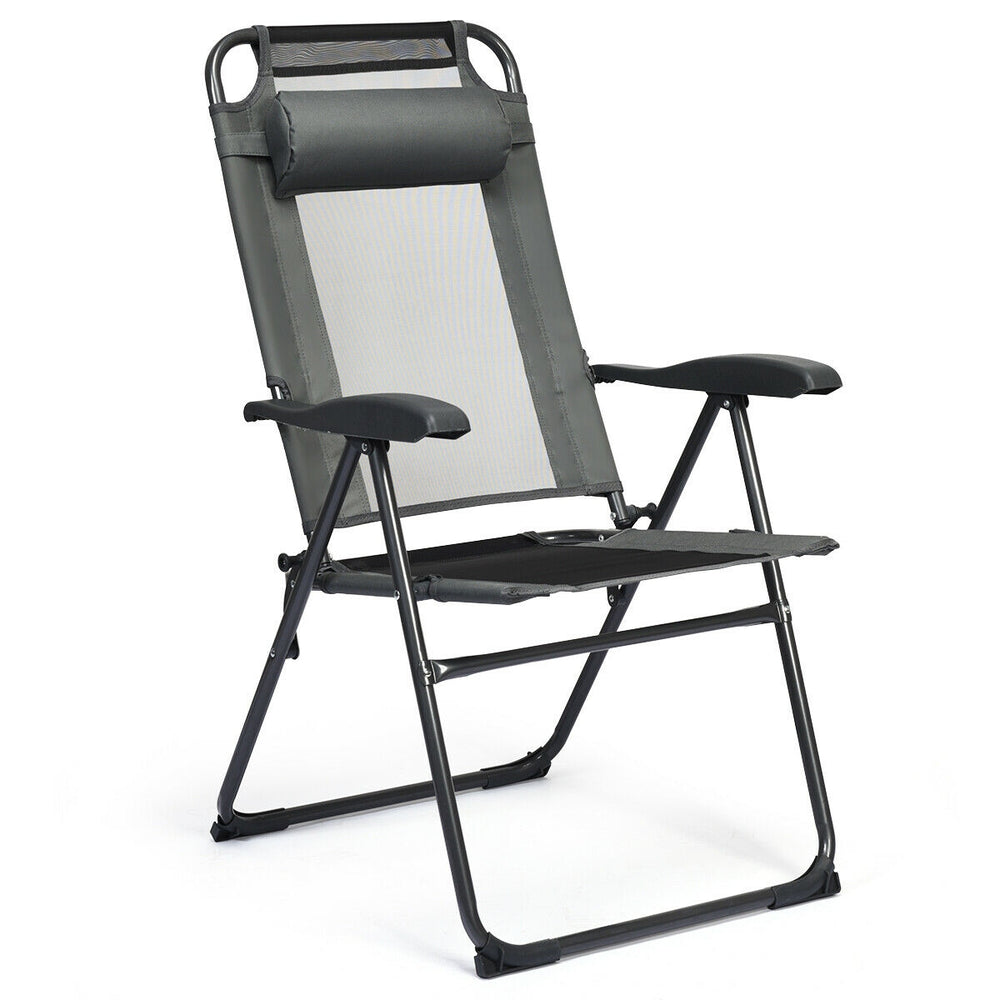 Gray adjustable reclining folding chair with headrest, made of steel and oxford fabric, perfect for outdoor relaxation.