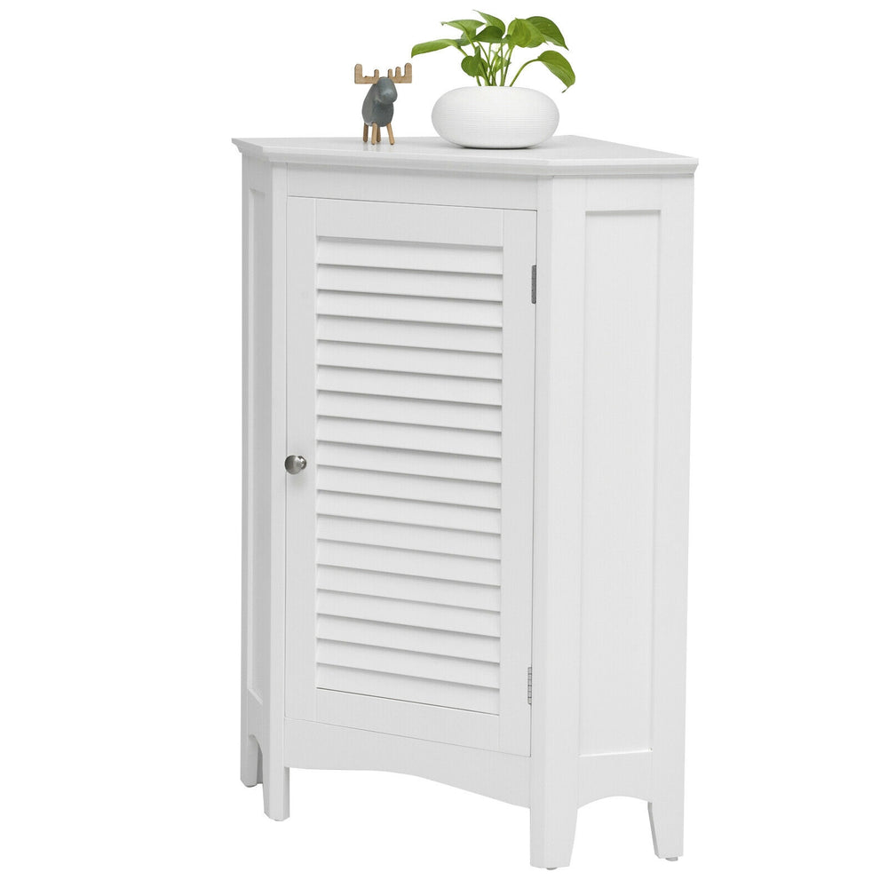 White corner storage cabinet with shutter door, adjustable shelf, and anti-tipping device, perfect for small spaces.