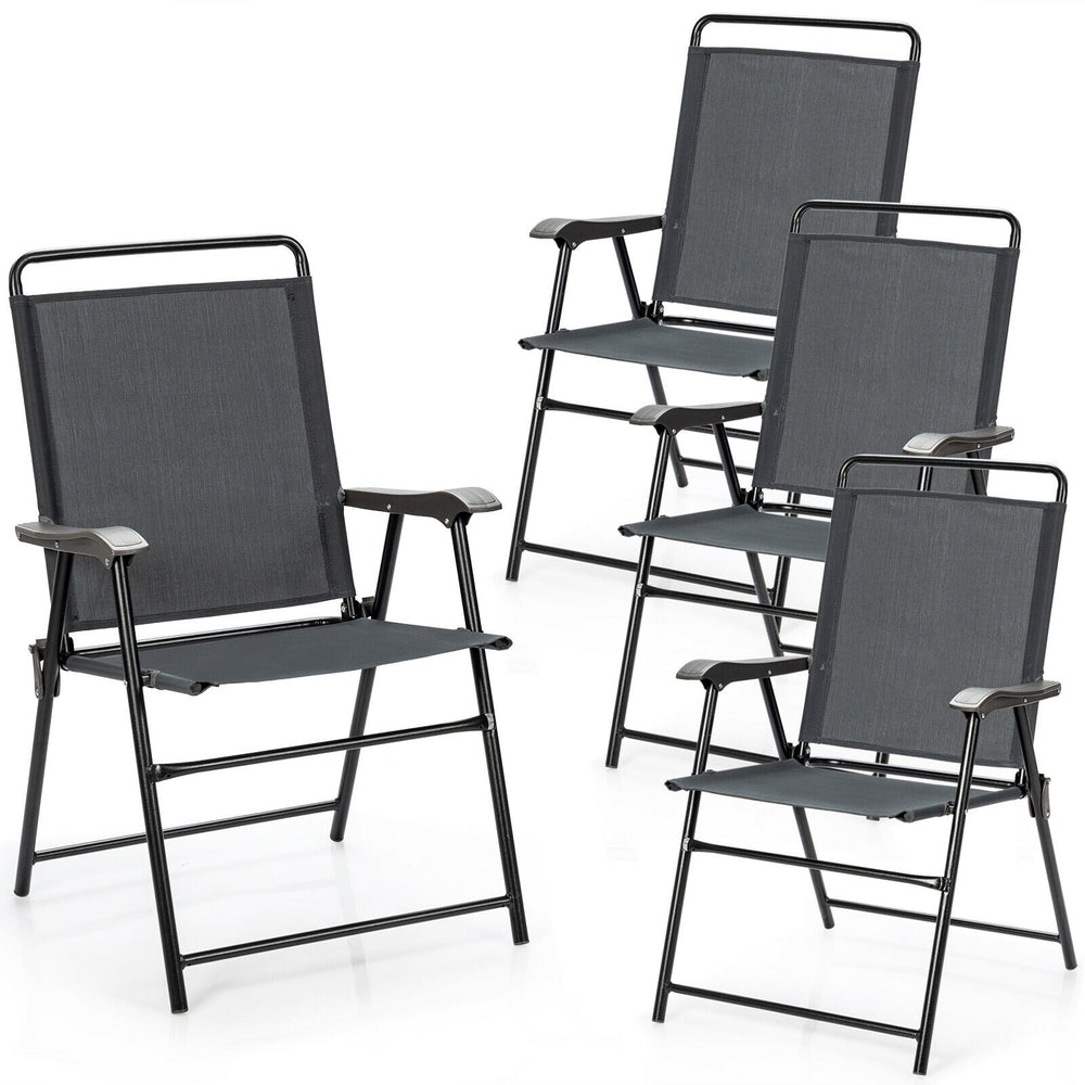 Close-up view of a portable outdoor folding chair with armrest, featuring breathable fabric and a sturdy steel frame.