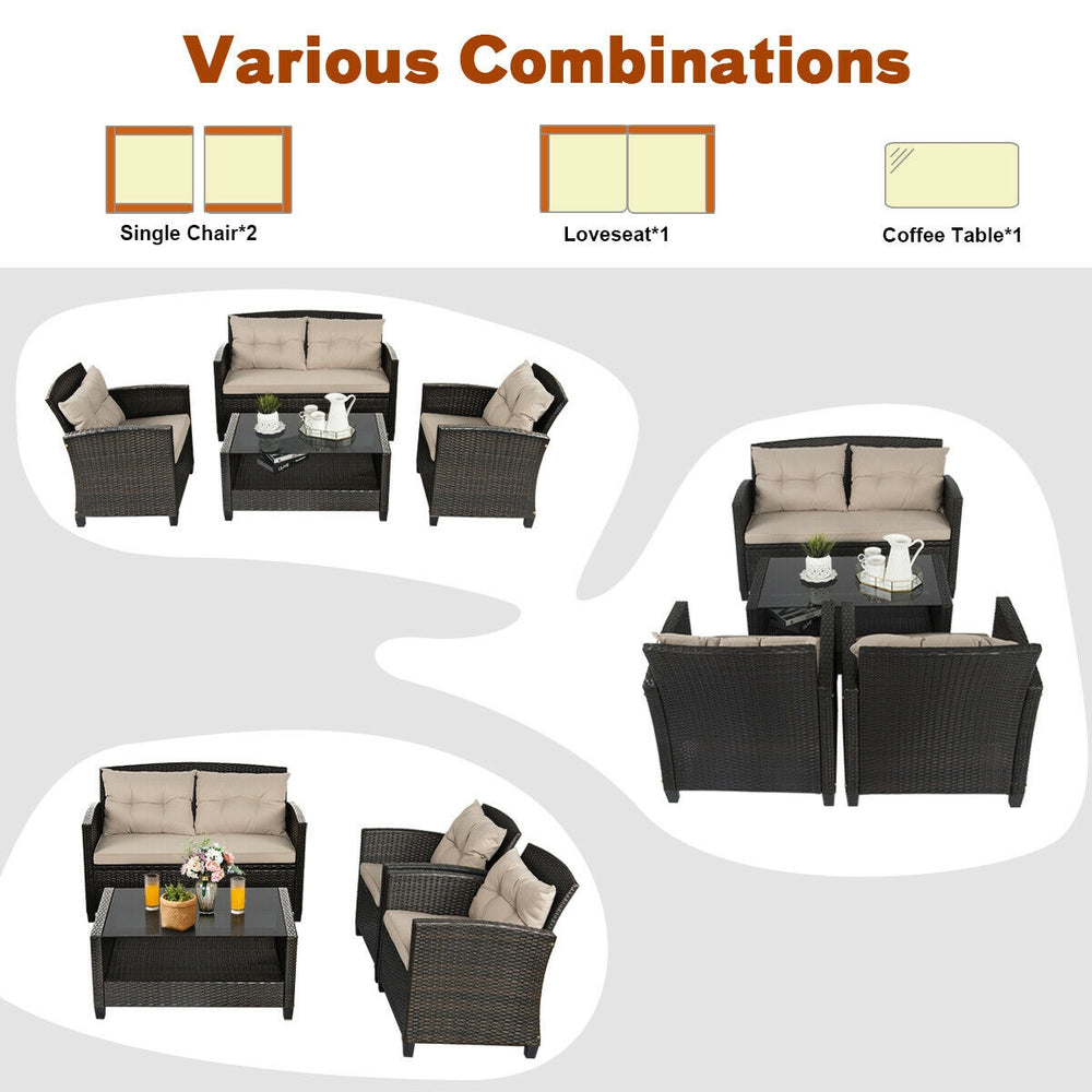 4-piece outdoor rattan furniture set featuring 2 single chairs, a loveseat, and a glass table for versatile.