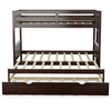 Twin pull-out bunk bed with trundle in espresso wood, featuring full-length guardrails and sturdy slats for stability.