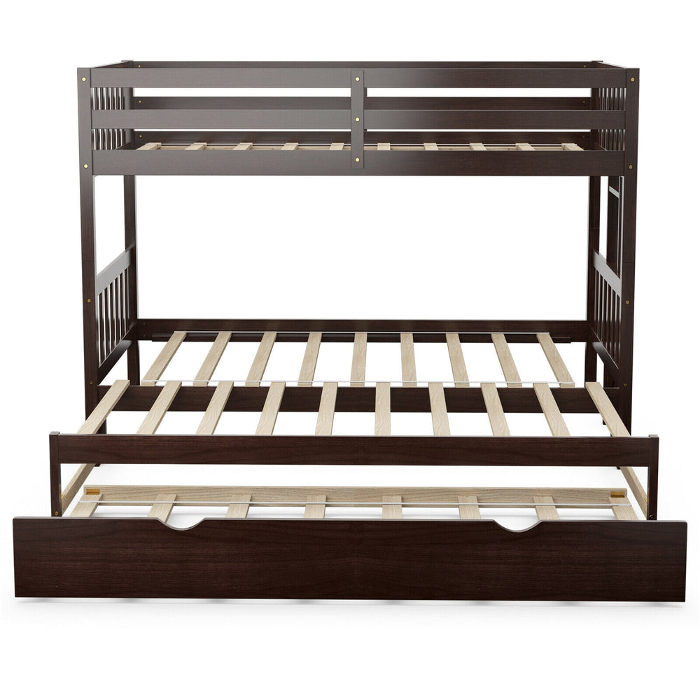 Twin pull-out bunk bed with trundle in espresso wood, featuring full-length guardrails and sturdy slats for stability.