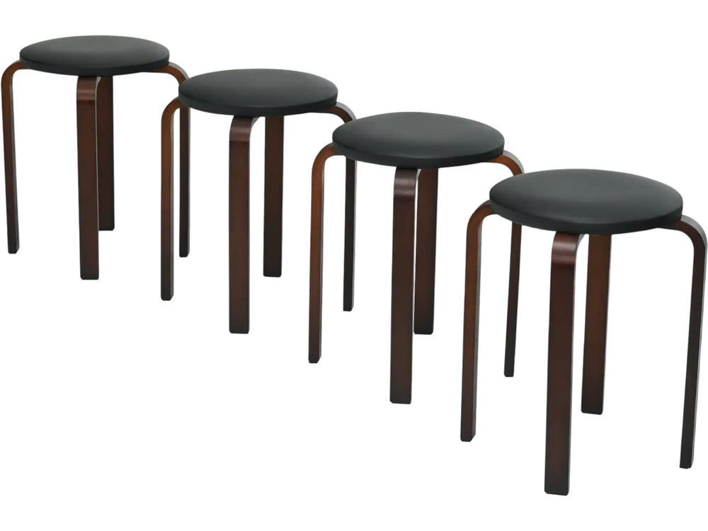 Set of 4 stackable bentwood round stools with padded black seats, featuring sturdy legs and non-slip foot pads.
