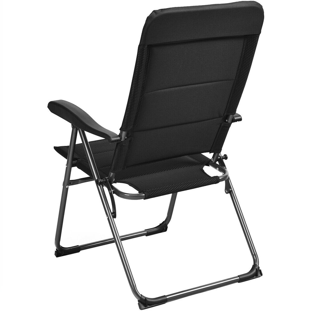 Black patio folding chair with adjustable backrest, made of steel and oxford fabric, perfect for outdoor relaxation.