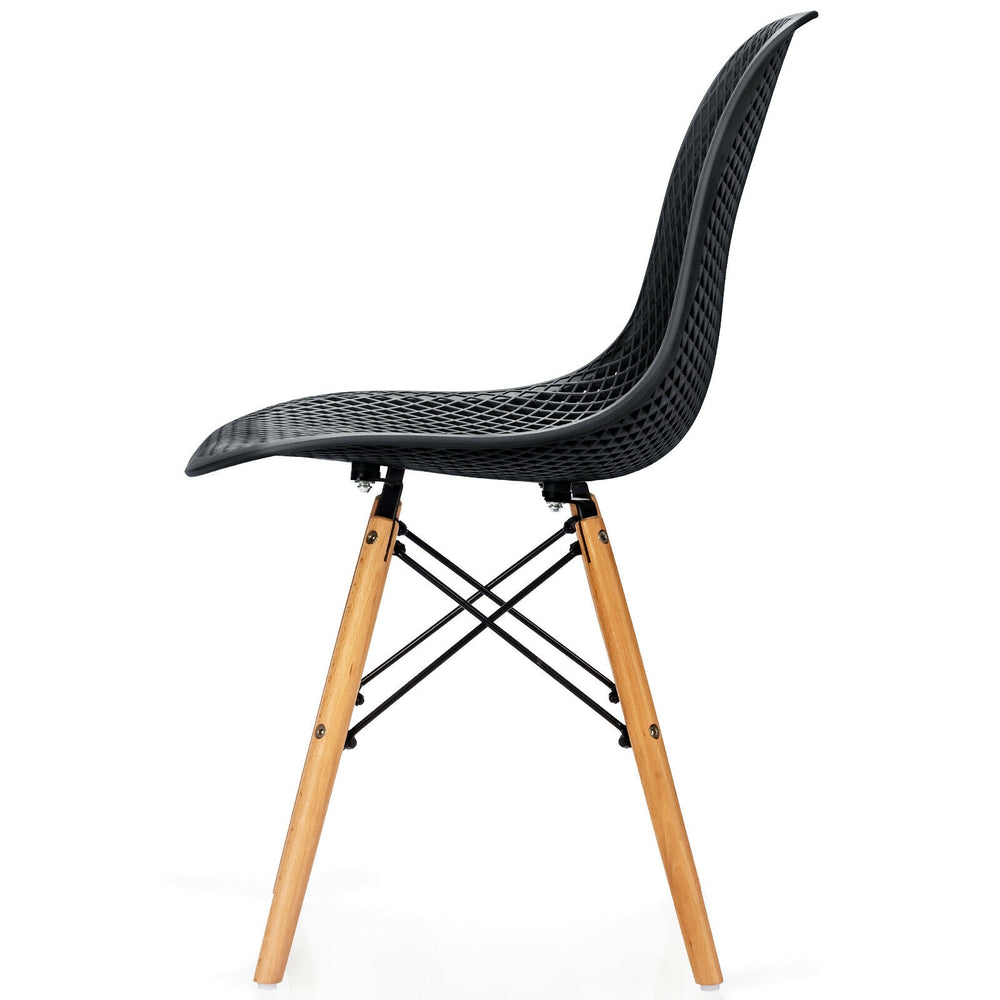 Side view of a black plastic hollow chair with beech wood legs, offering ergonomic support and modern design for dining.