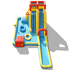 Top view of the 7-in-1 inflatable water park showcasing dual slides, climbing wall, and inflatable swimming rings for.