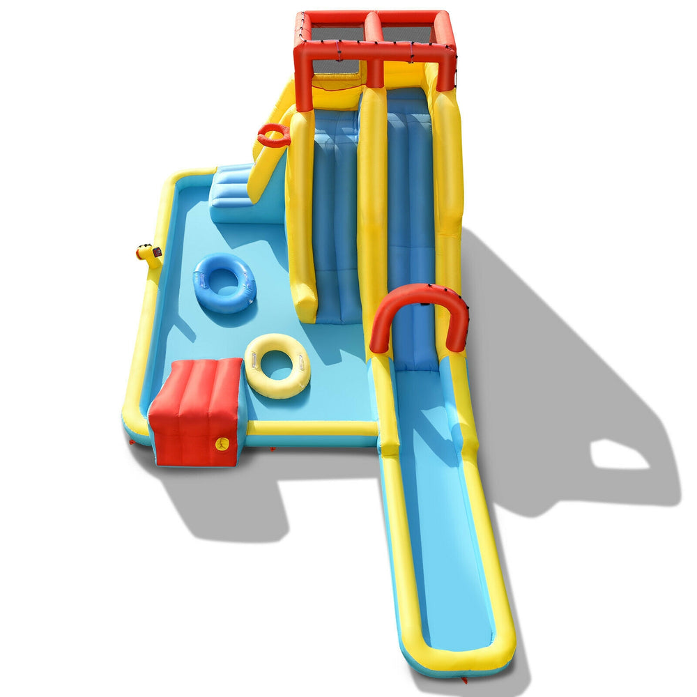 Top view of the 7-in-1 inflatable water park showcasing dual slides, climbing wall, and inflatable swimming rings for.