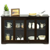 Brown sideboard buffet cupboard with sliding doors, tempered glass, and two shelves for kitchen or dining room storage.