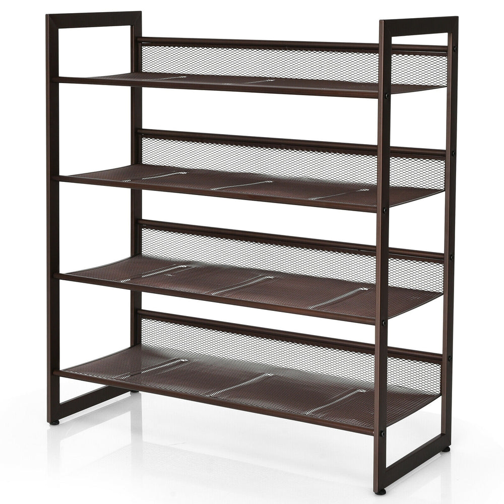 4-tier metal shoe rack showcasing adjustable shelves in a compact design, perfect for organizing shoes in small spaces.