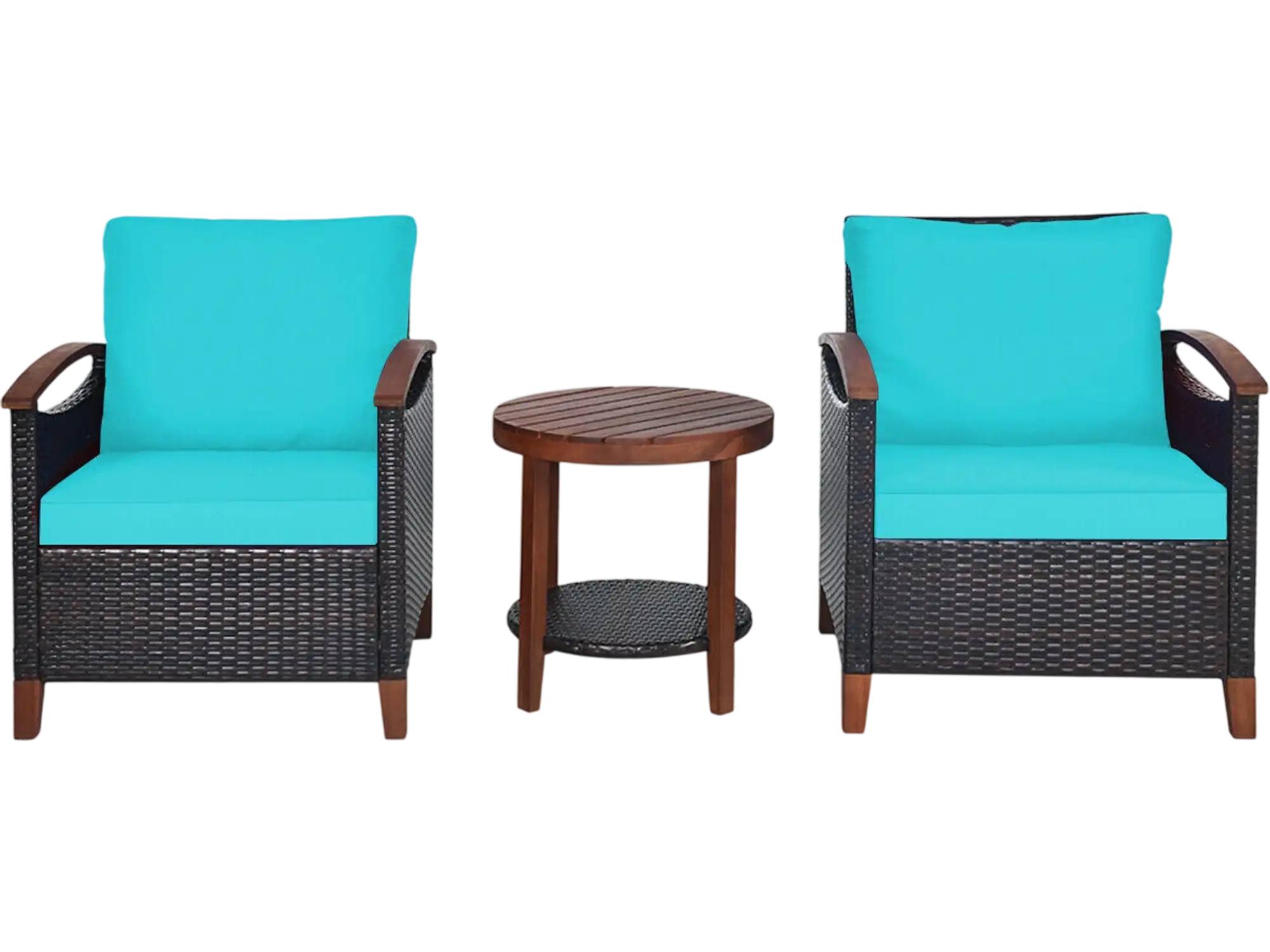 Costway 3-Pc Patio Wicker Furniture Set w/ Washable Cushions & Acacia Wood Table 36891502 New