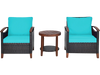 Patio rattan furniture set featuring two turquoise chairs and an acacia wood coffee table, perfect for outdoor.