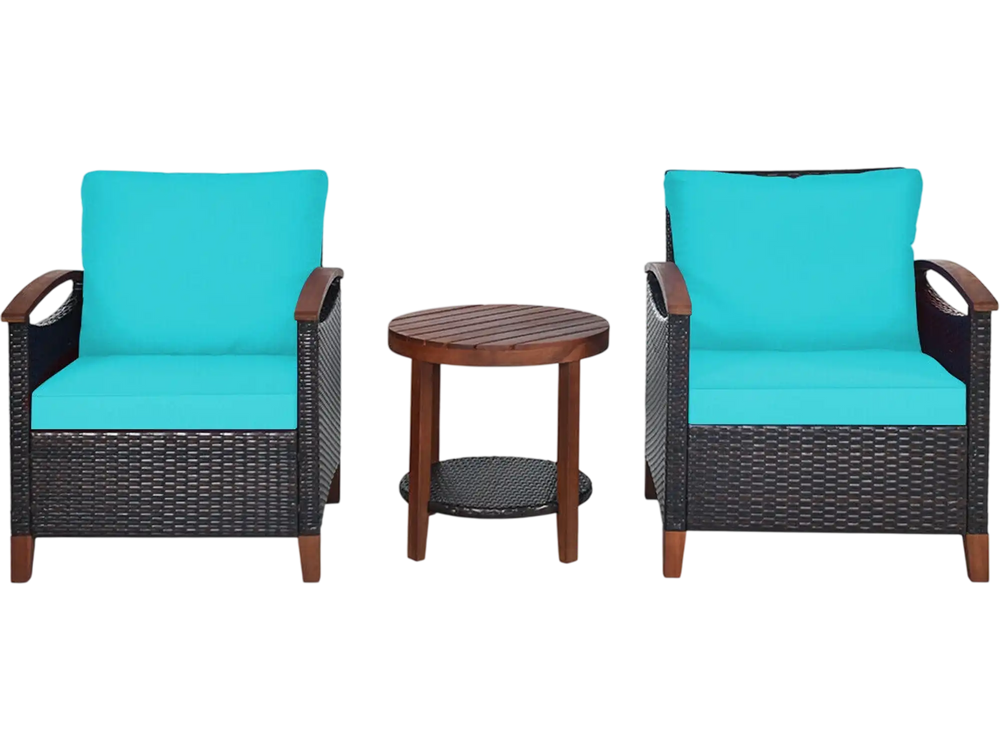 Patio rattan furniture set featuring two turquoise chairs and an acacia wood coffee table, perfect for outdoor.