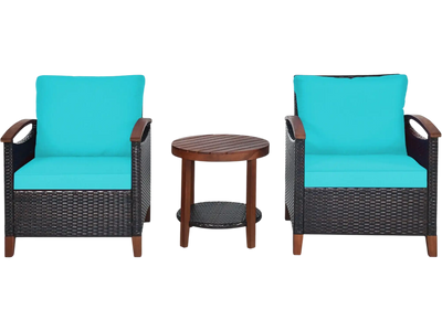 Costway 3-Pc Patio Wicker Furniture Set w/ Washable Cushions Acacia Wood Table 36891502 New