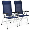 Two blue patio dining chairs with adjustable backrests and foldable design, made of aluminum and iron for outdoor.