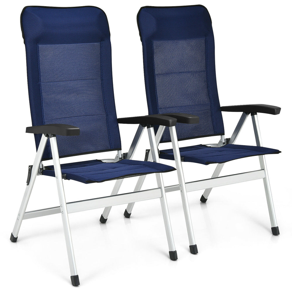 Two blue patio dining chairs with adjustable backrests and foldable design, made of aluminum and iron for outdoor.