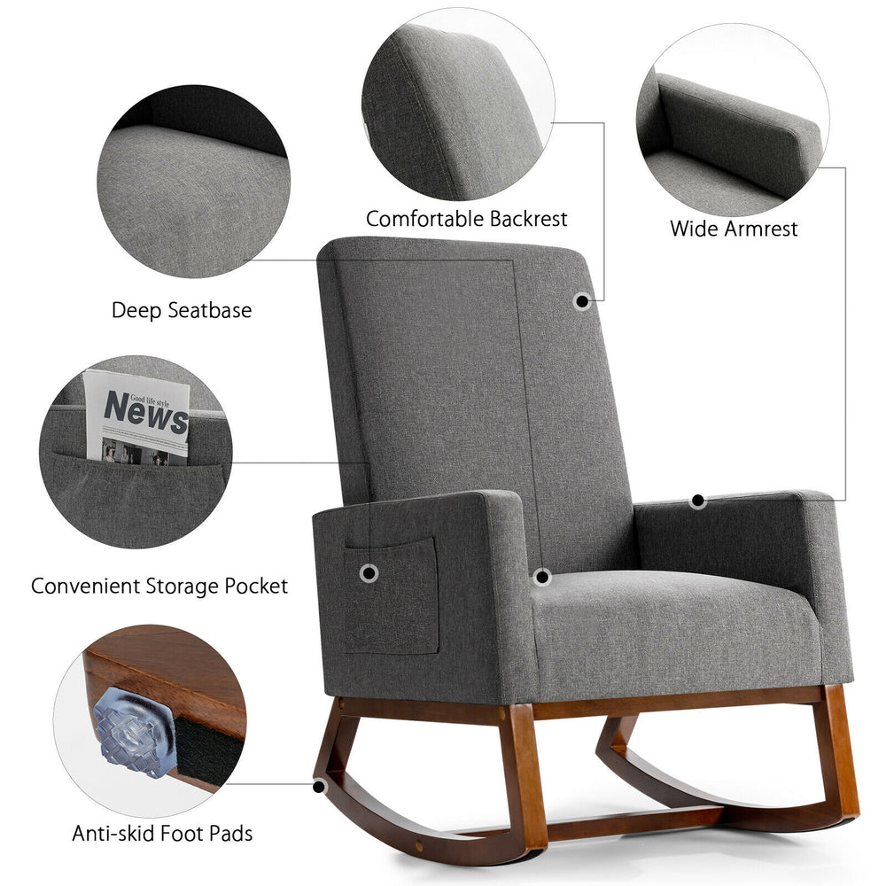 Gray rocking high back upholstered lounge armchair with side pocket, wide armrests, and solid rubberwood base for.