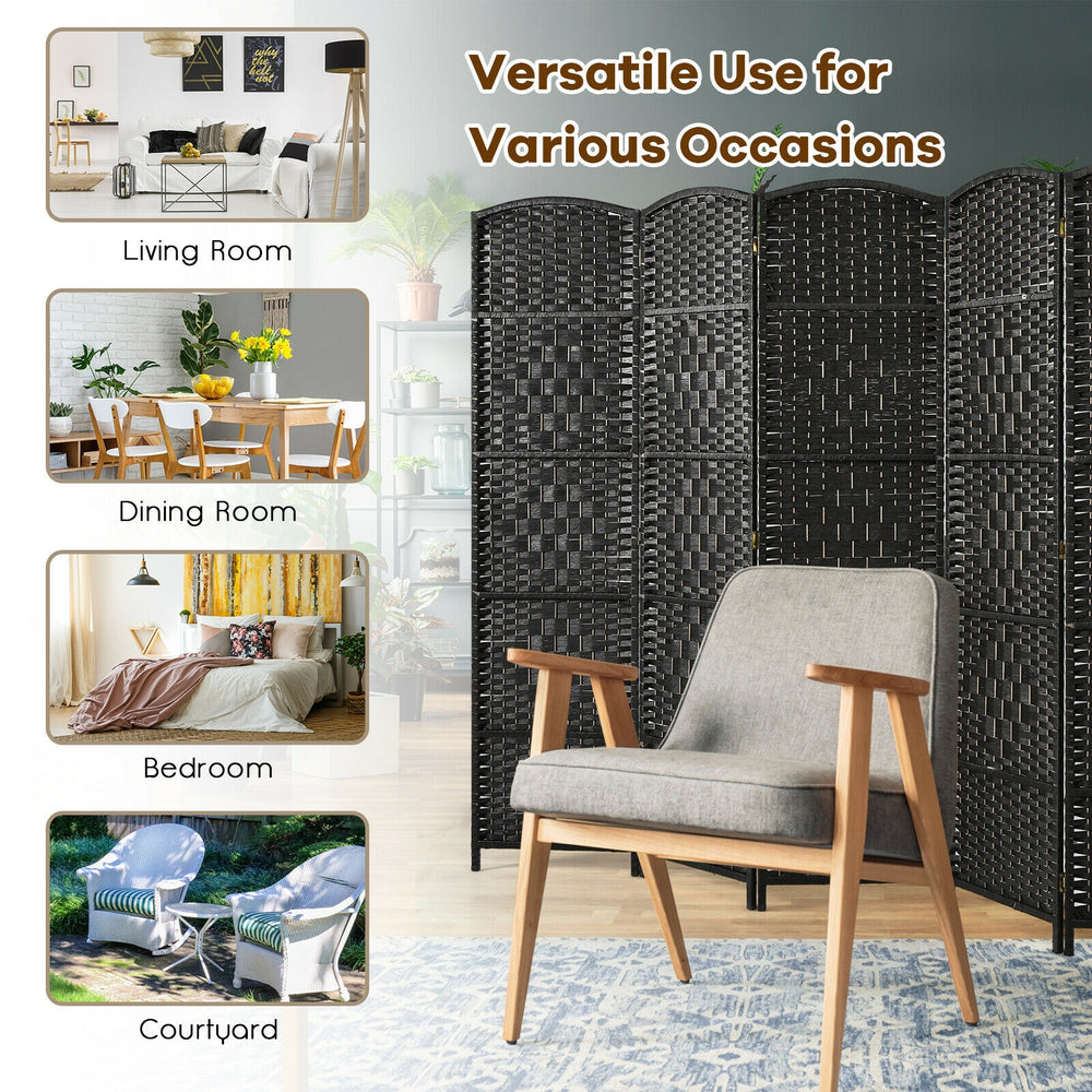 6-panel black fiber room divider screen, 6.5 ft tall, designed for versatile placement in living rooms, dining areas.