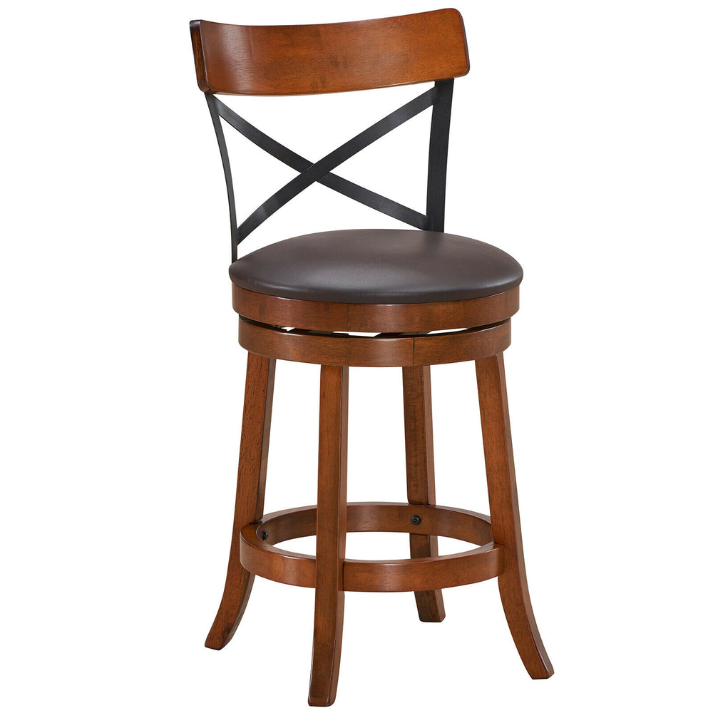 Bar stool with rubber wood legs and swivel seat, featuring a curved backrest and soft cushion for comfort.