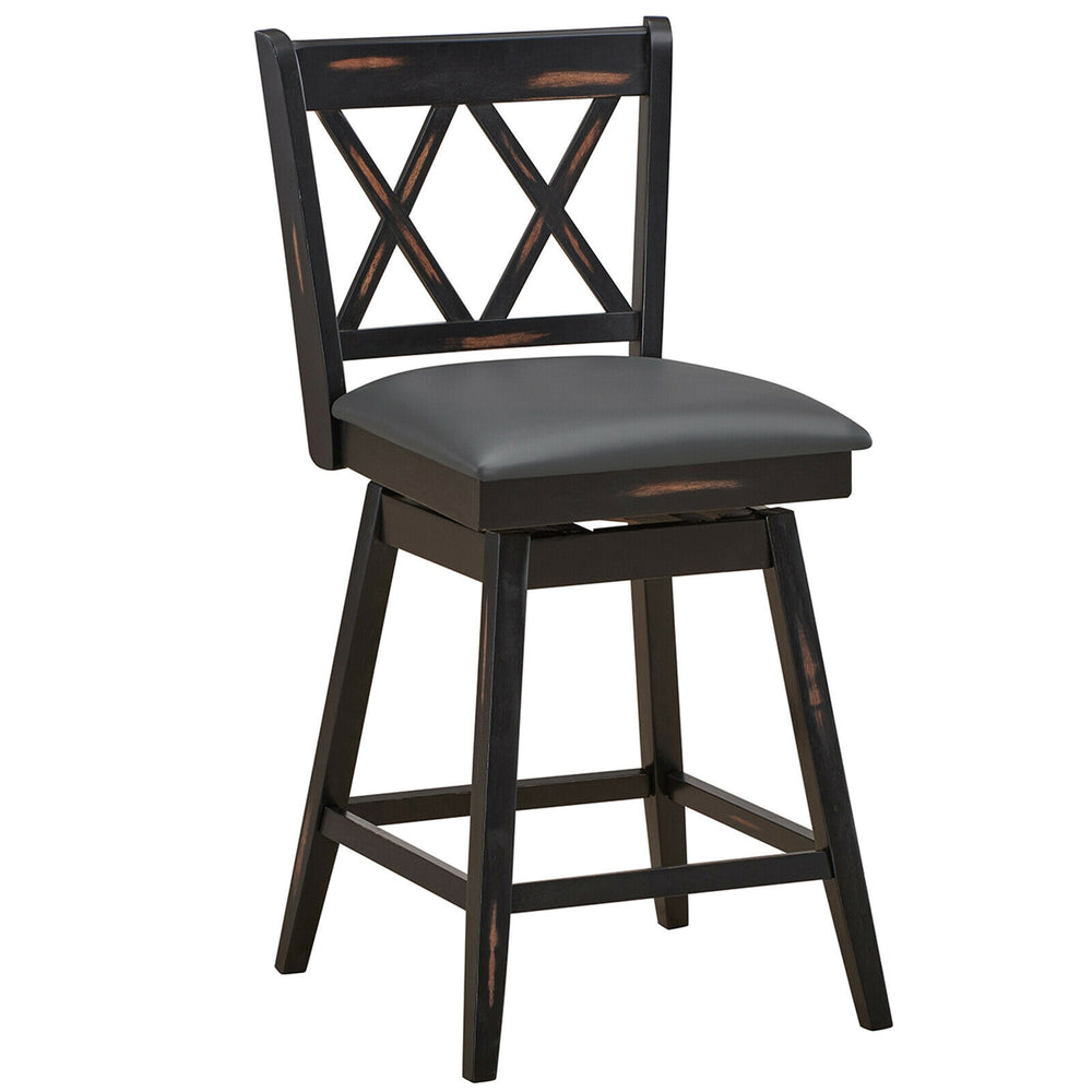 Black 24-inch swivel counter height barstool with rubber wood legs, featuring a comfortable PVC seat for home or office.