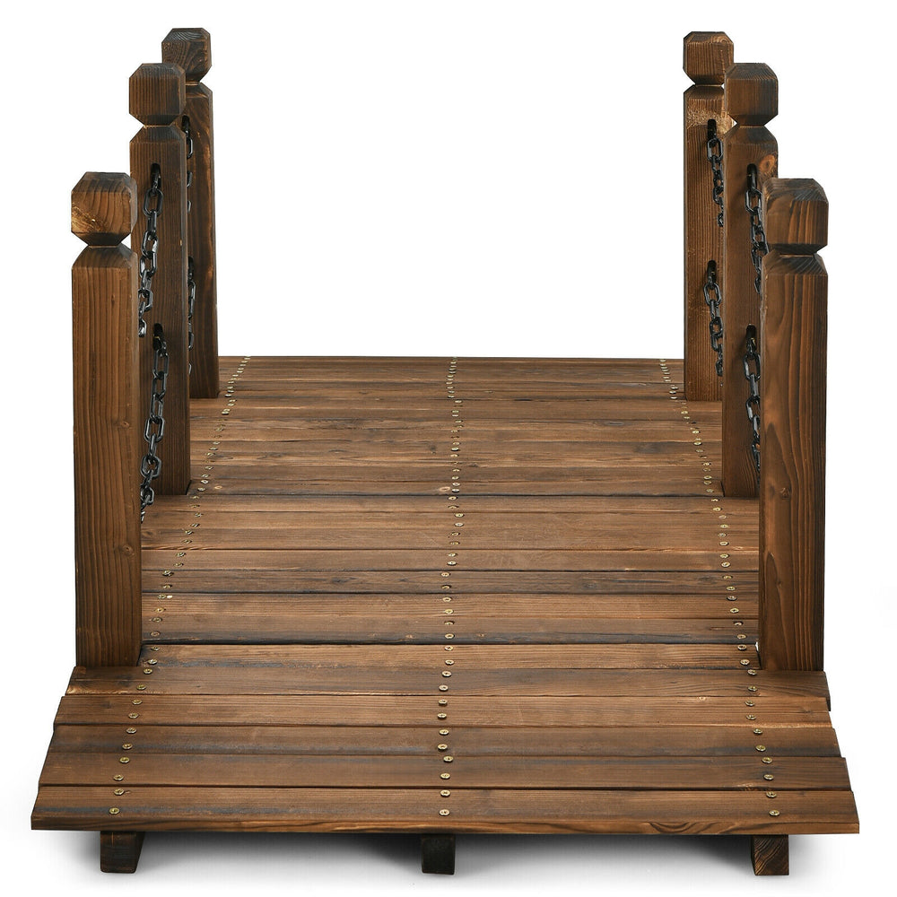 Wooden garden bridge with stained finish and safety rails, ideal for outdoor decoration and durable for long-lasting.