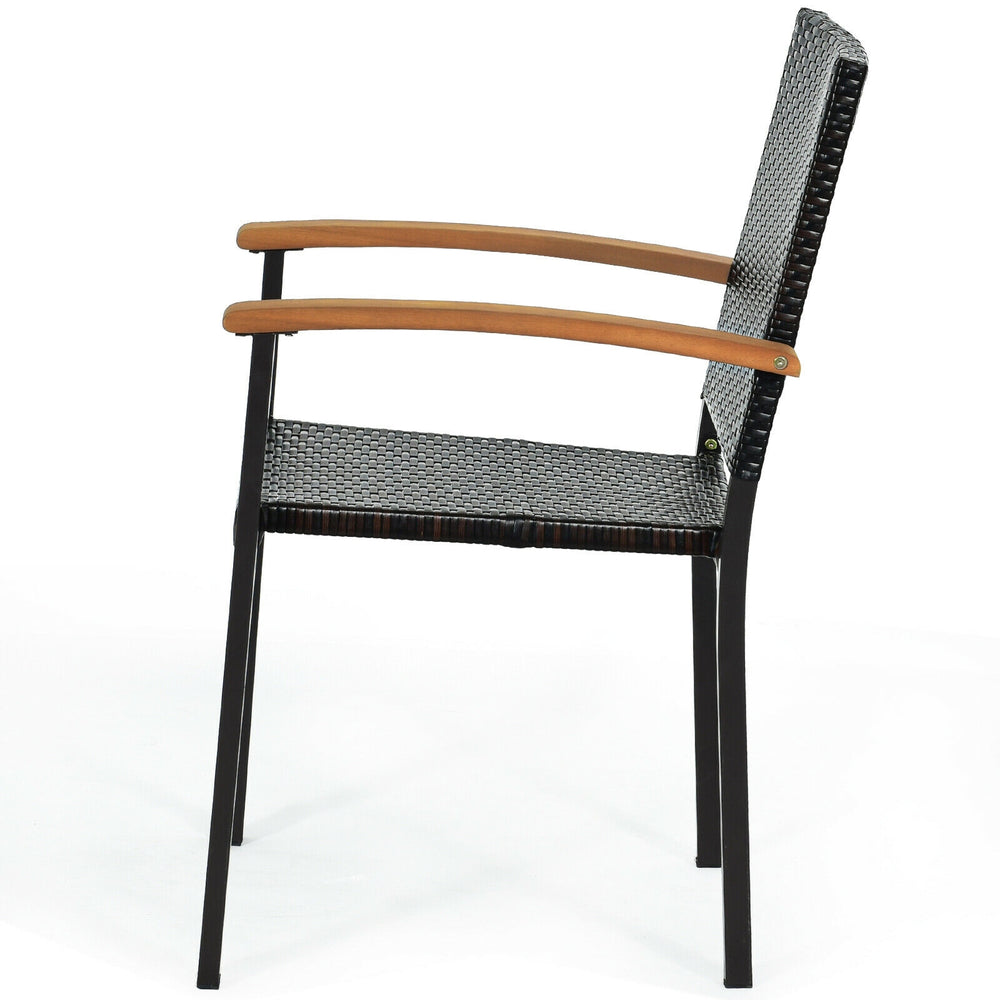 Side view of a stackable outdoor patio chair with PE rattan weaving and acacia wood armrests, ideal for backyard use.