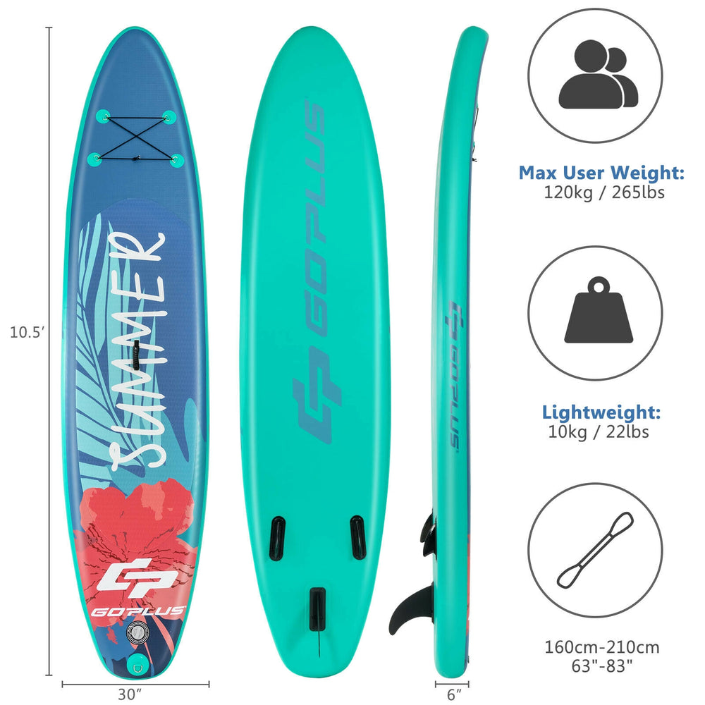 Inflatable stand-up paddle board in turquoise with floral design, ideal for water activities and easy transport.