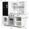 Kids' wooden pretend play kitchen set featuring a refrigerator, stove, sink, and realistic sound effects for.