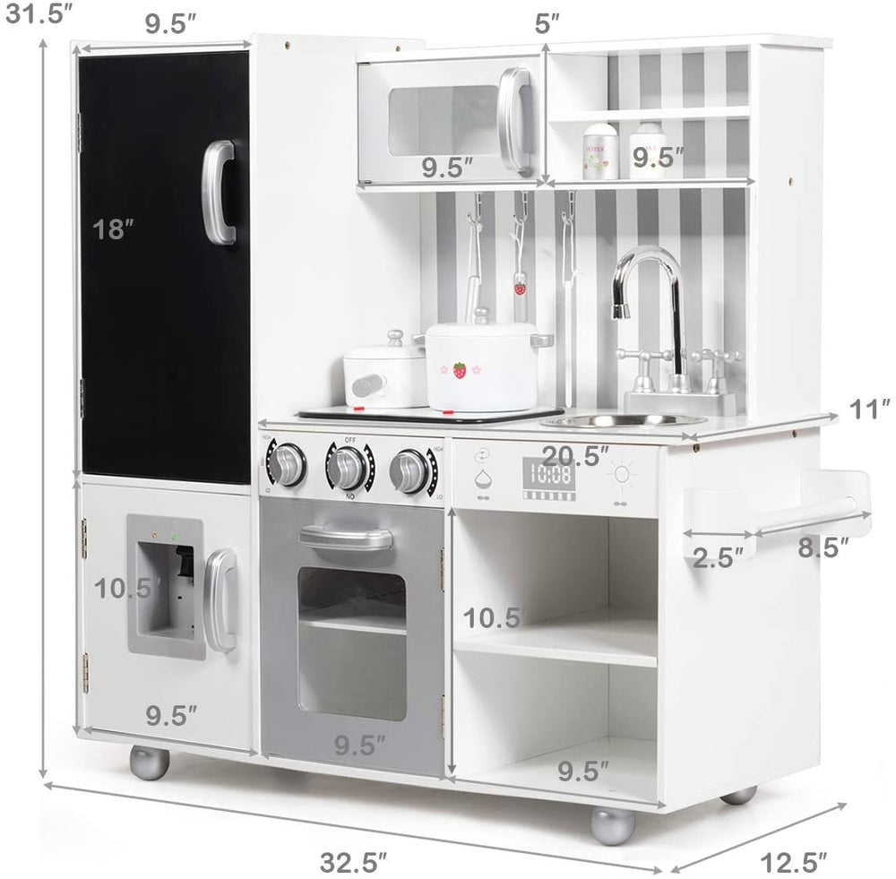 Kids' wooden pretend play kitchen set featuring a refrigerator, stove, sink, and realistic sound effects for.