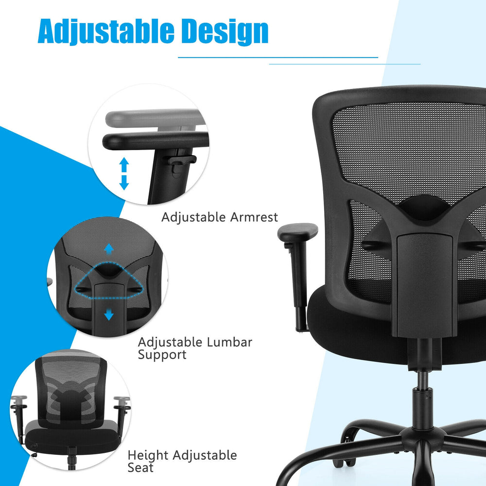 Adjustable mesh backrest office chair with lumbar support, armrests, and height adjustment for ergonomic comfort.