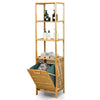 Bamboo tower hamper organizer with tilt-out laundry storage and 3-tier shelves for bathroom and laundry room use.
