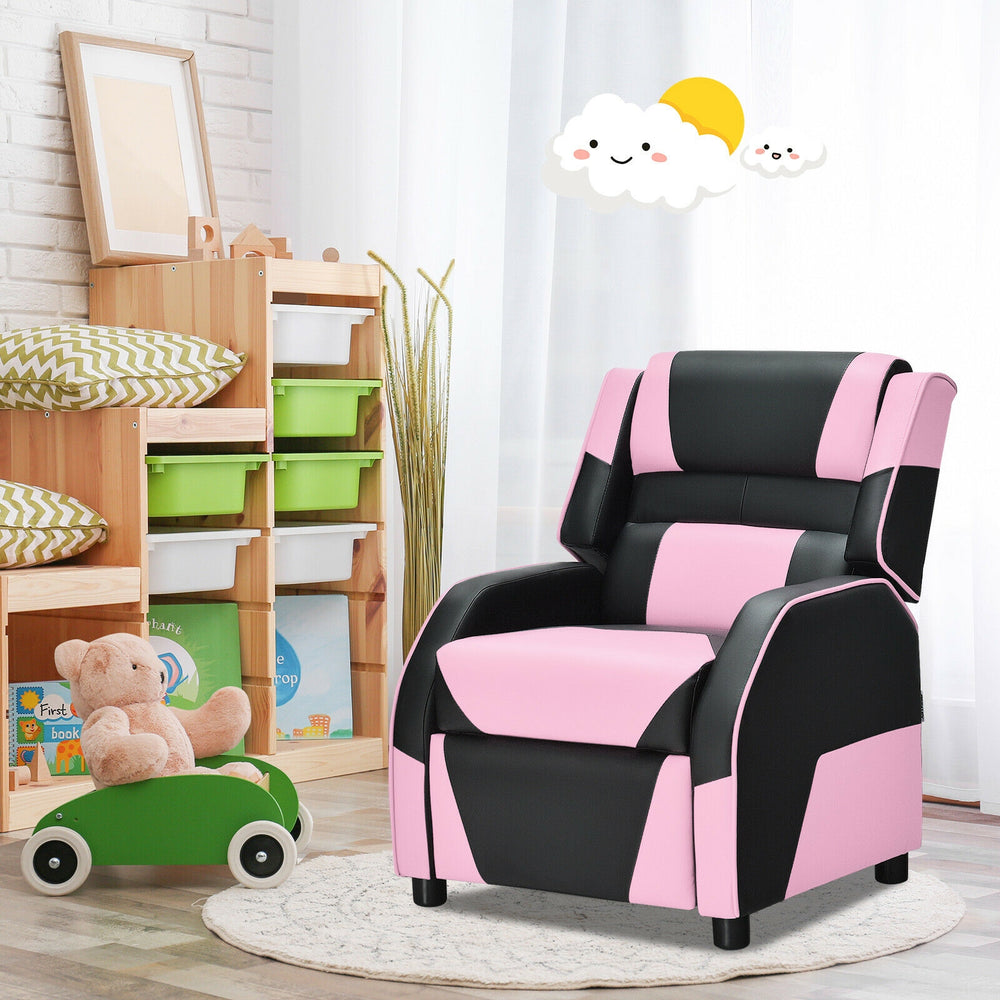 Kids youth PU leather gaming sofa recliner in pink and black, featuring adjustable backrest and footrest for comfort.