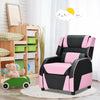 Kids youth PU leather gaming sofa recliner in pink and black, featuring adjustable backrest and footrest for comfort.