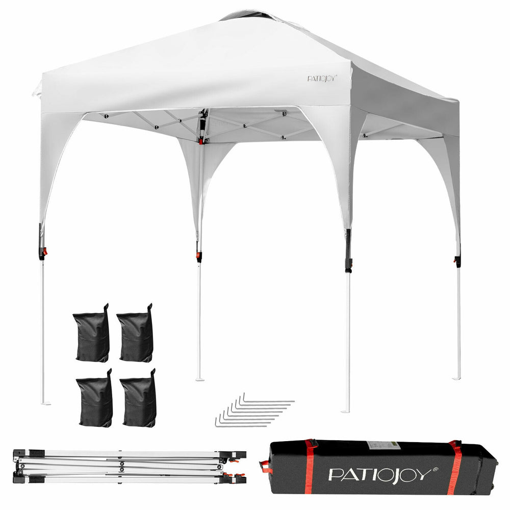 Height adjustable 6.6 x 6.6 FT white pop-up canopy tent with roller bag and stability accessories for outdoor use.