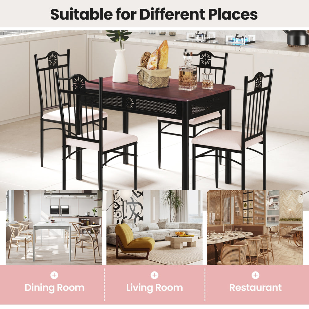 5-piece dining set featuring a wood and metal table with 4 cushioned chairs, perfect for dining rooms and restaurants.