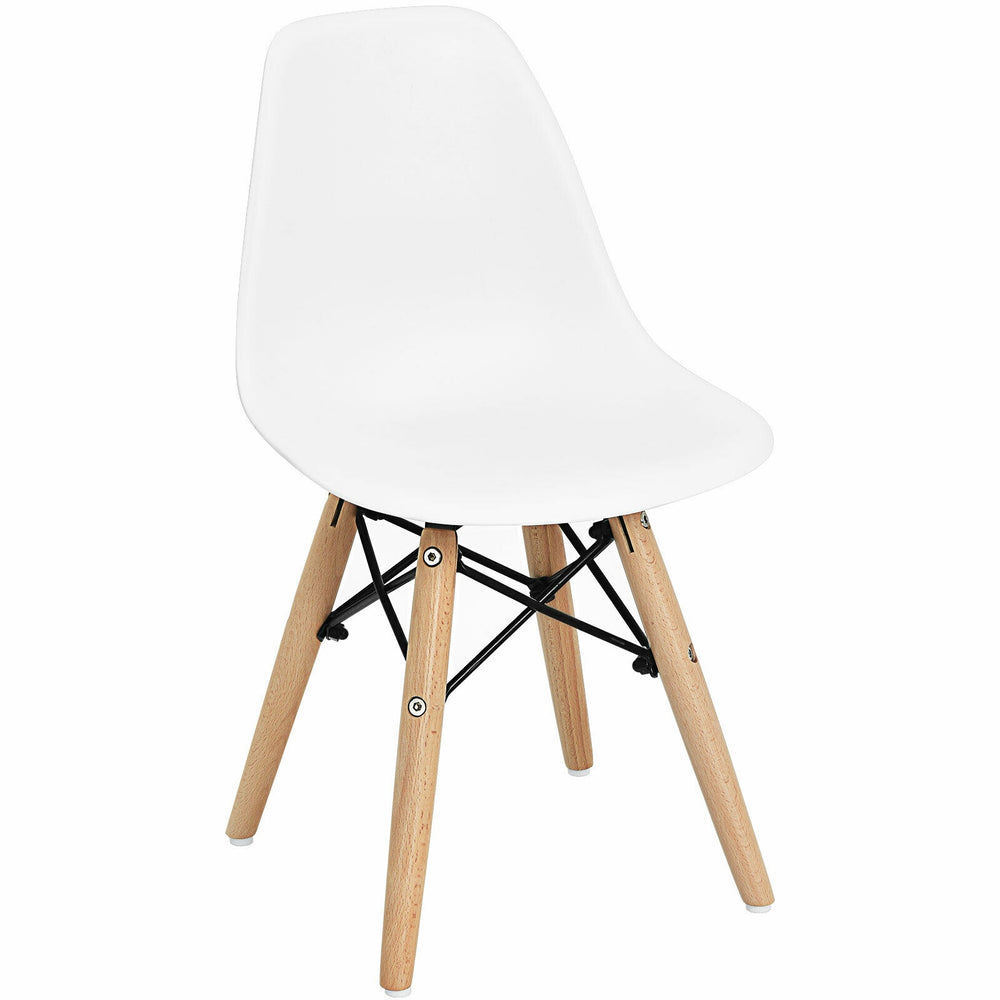 Mini-sized white DSW chair with beech legs, perfect for kids' playrooms and nurseries, lightweight and ergonomic design.