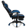 Side view of the adjustable gaming chair with footrest in blue, featuring ergonomic design and sturdy construction.