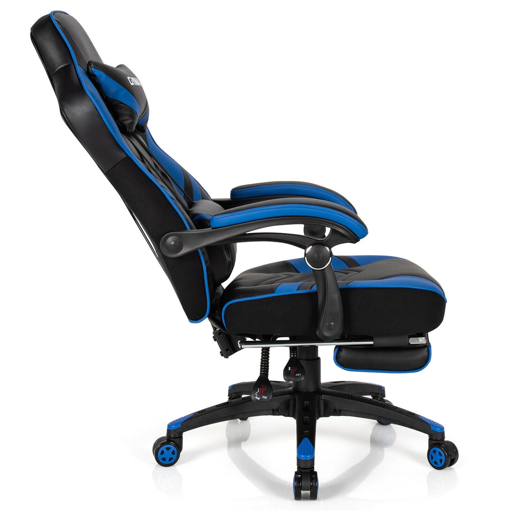 Side view of the adjustable gaming chair with footrest in blue, featuring ergonomic design and sturdy construction.