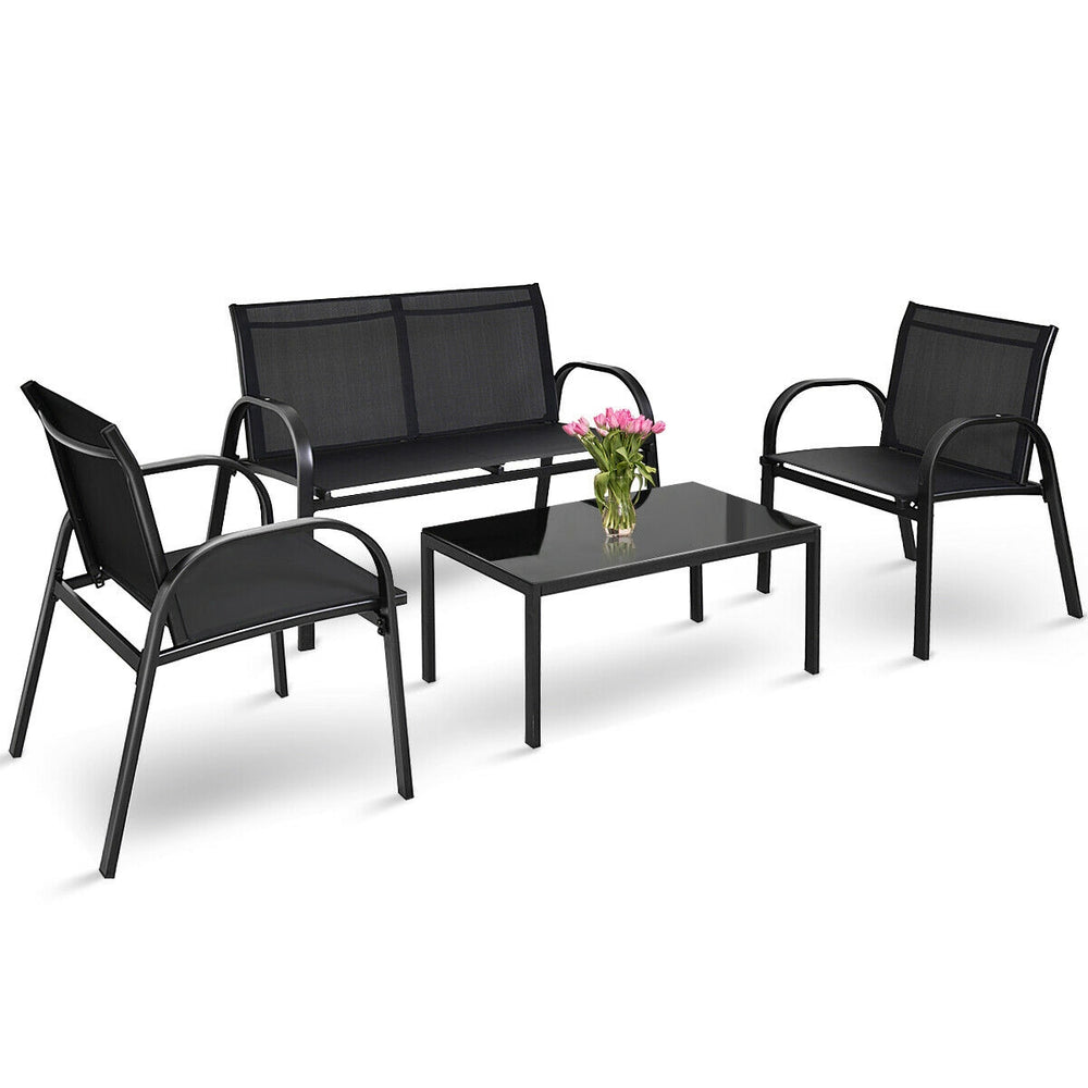 4-piece black patio furniture set featuring a loveseat, 2 single sofas, and a glass top tea table for outdoor comfort.