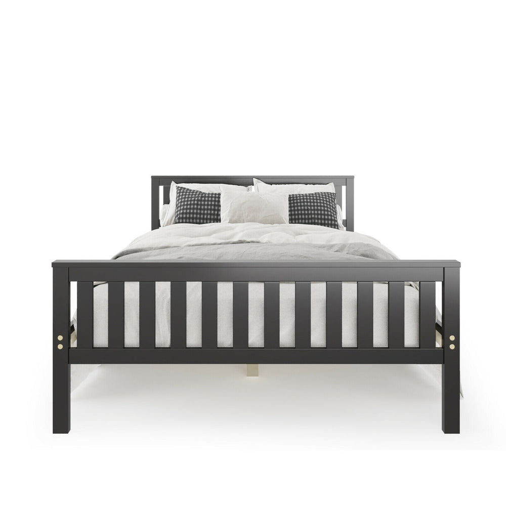 Full size wood platform bed with headboard, featuring a solid wood frame and 12” under-bed storage for versatile use.