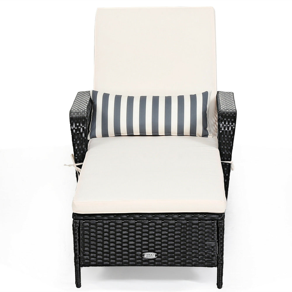 Adjustable PE rattan chaise lounge chair with off-white cushion and lumbar pillow, perfect for patio or poolside.