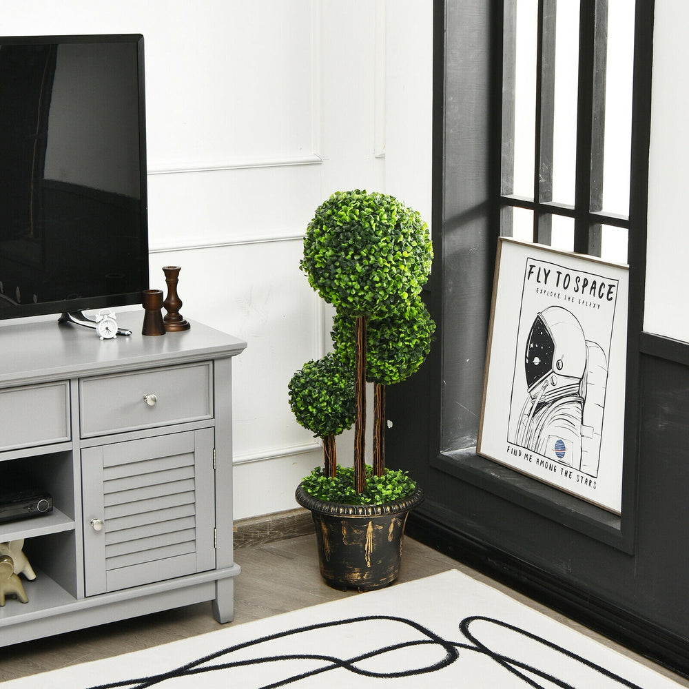 36-inch artificial topiary triple ball tree with vibrant green PE leaves and real wood rattan, perfect for indoor and.