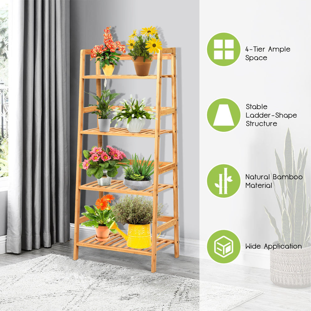 4-tier bamboo plant rack with guardrails, stable trapezoidal design, ideal for organizing plants in any room.