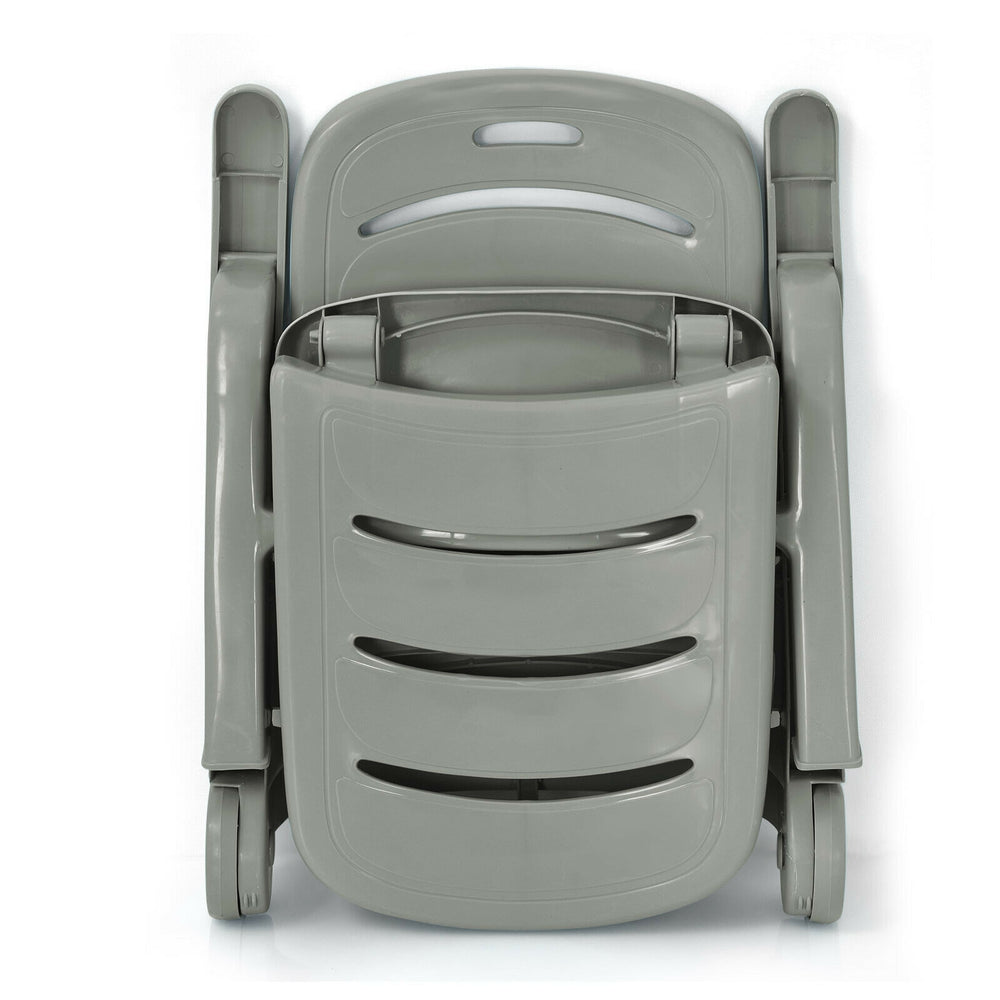 Gray 5-position adjustable folding lounger chaise chair, compactly folded for easy storage and transport, ideal for.